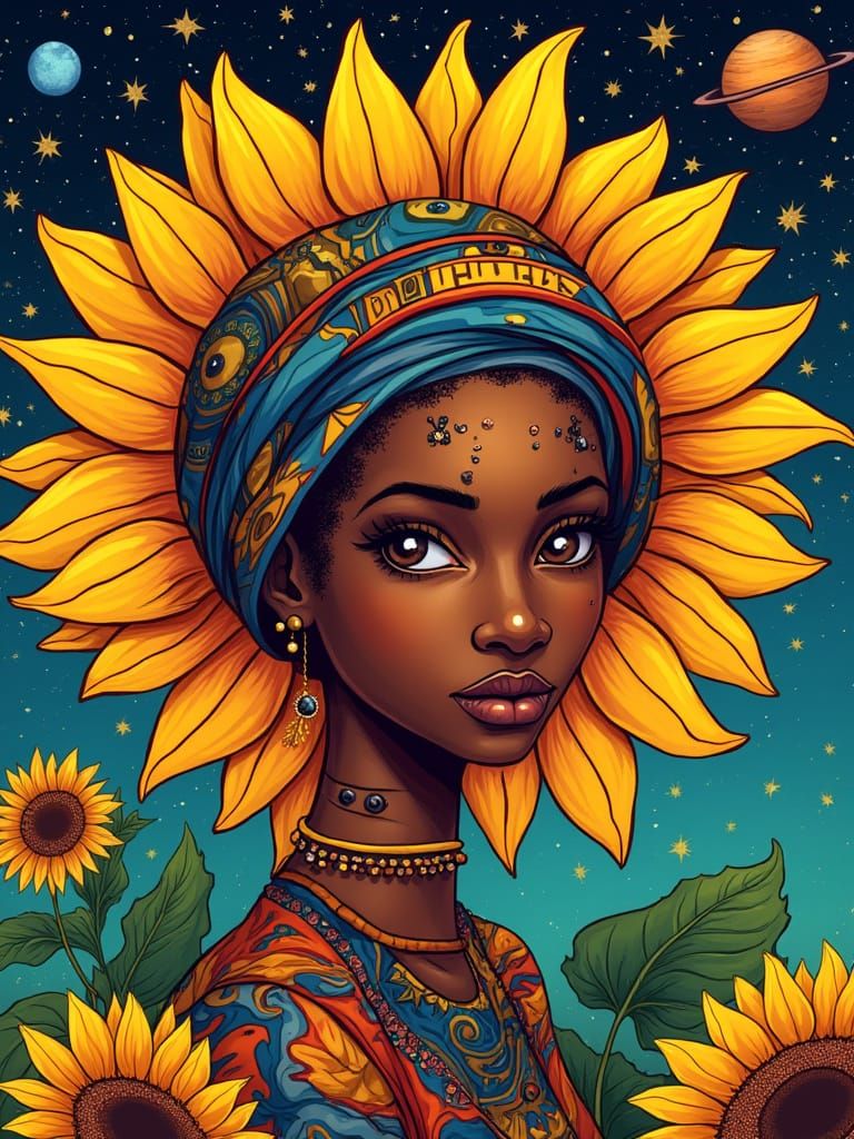 Afrofuturist Sunflower with African American Face