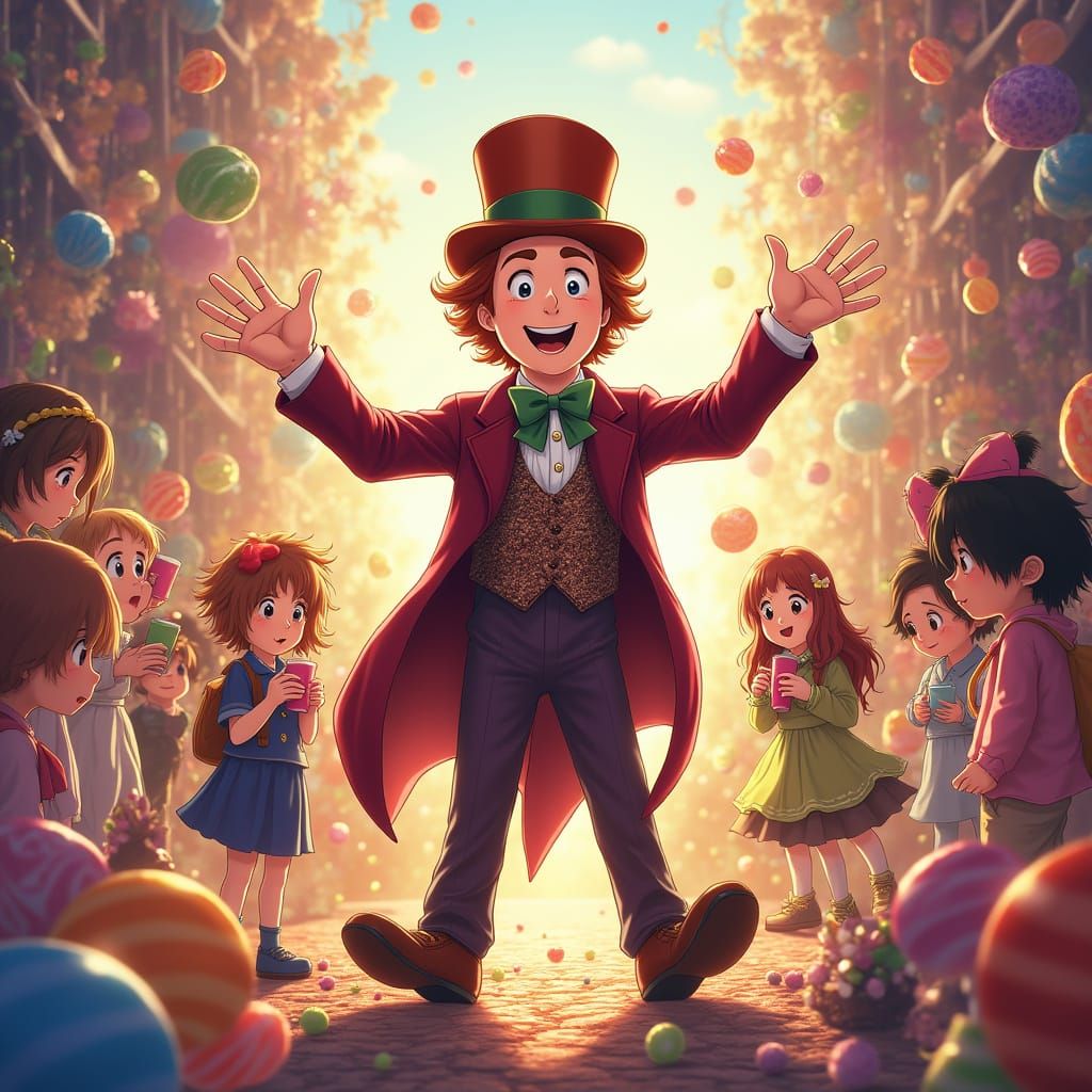 Willy Wonka & Children in Vibrant Anime Candy World