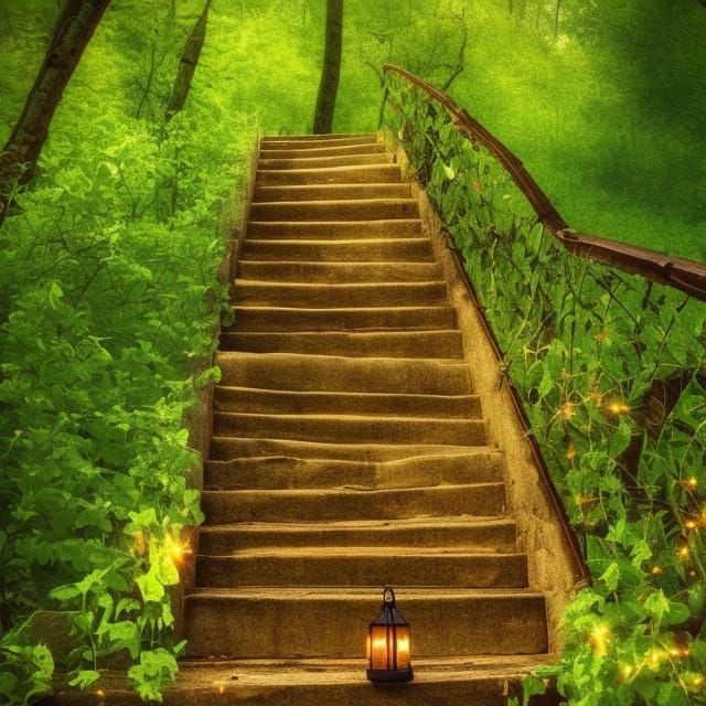 Enchanted Forest: Golden Stairs to an Ancient Door