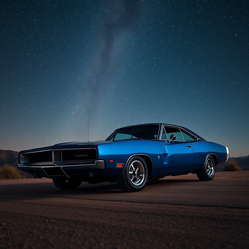 A gleaming 1969 Dodge Charger R/T, painted in a deep metalli...