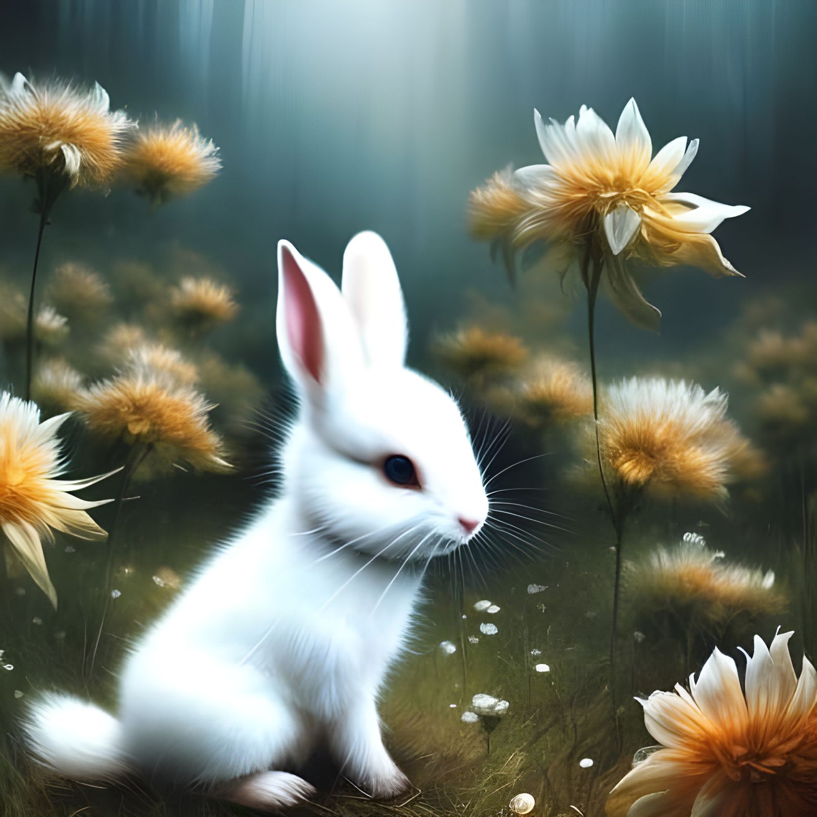 Cute White Rabbit in Fluid Gouache Splash Art