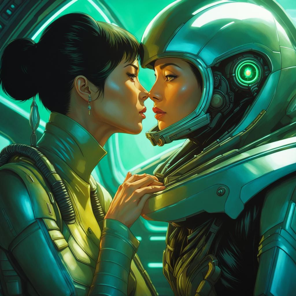 Kazakh Woman and Panther in Spaceship, Vintage Style