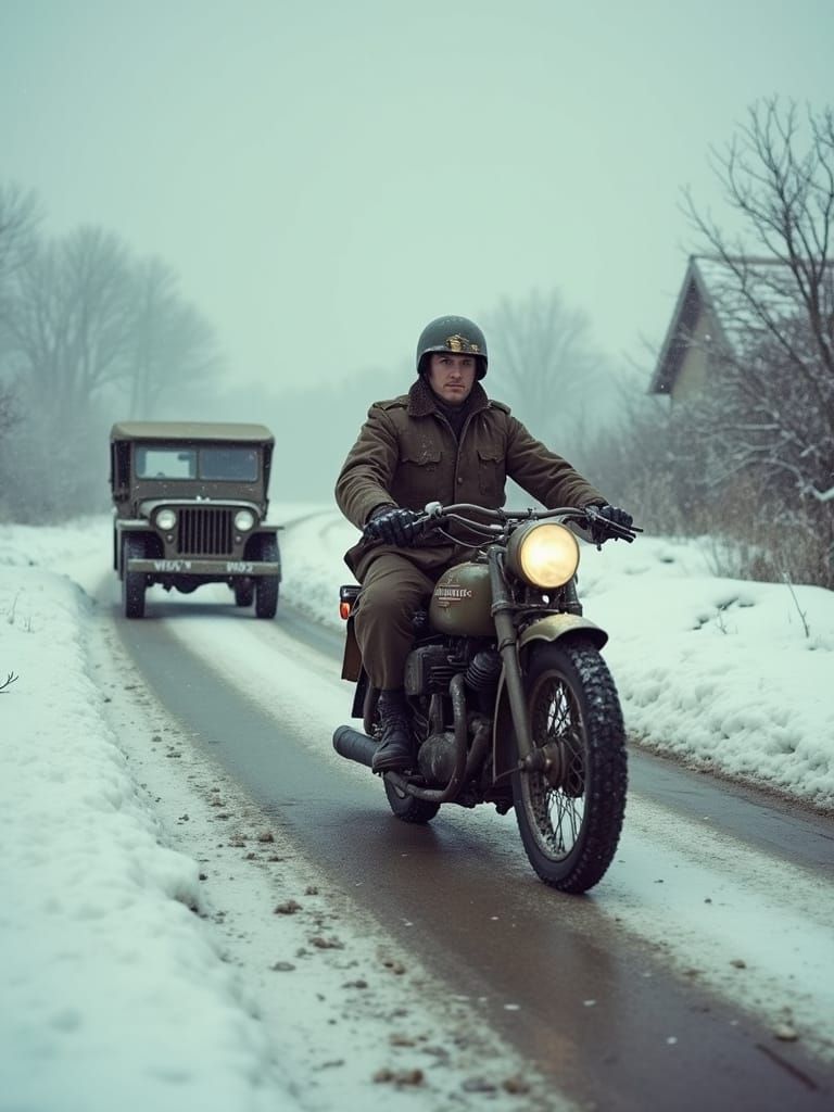 WWII Soldier on Harley Davidson in Snowy Village