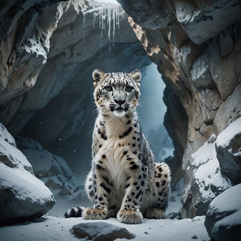 Baby Snow Leopard in Snowy Mountain Cave