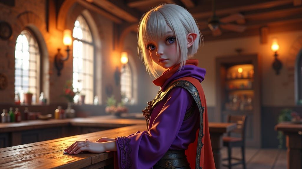 Enigmatic Tavern Keeper in Vibrant, Mystical Attire