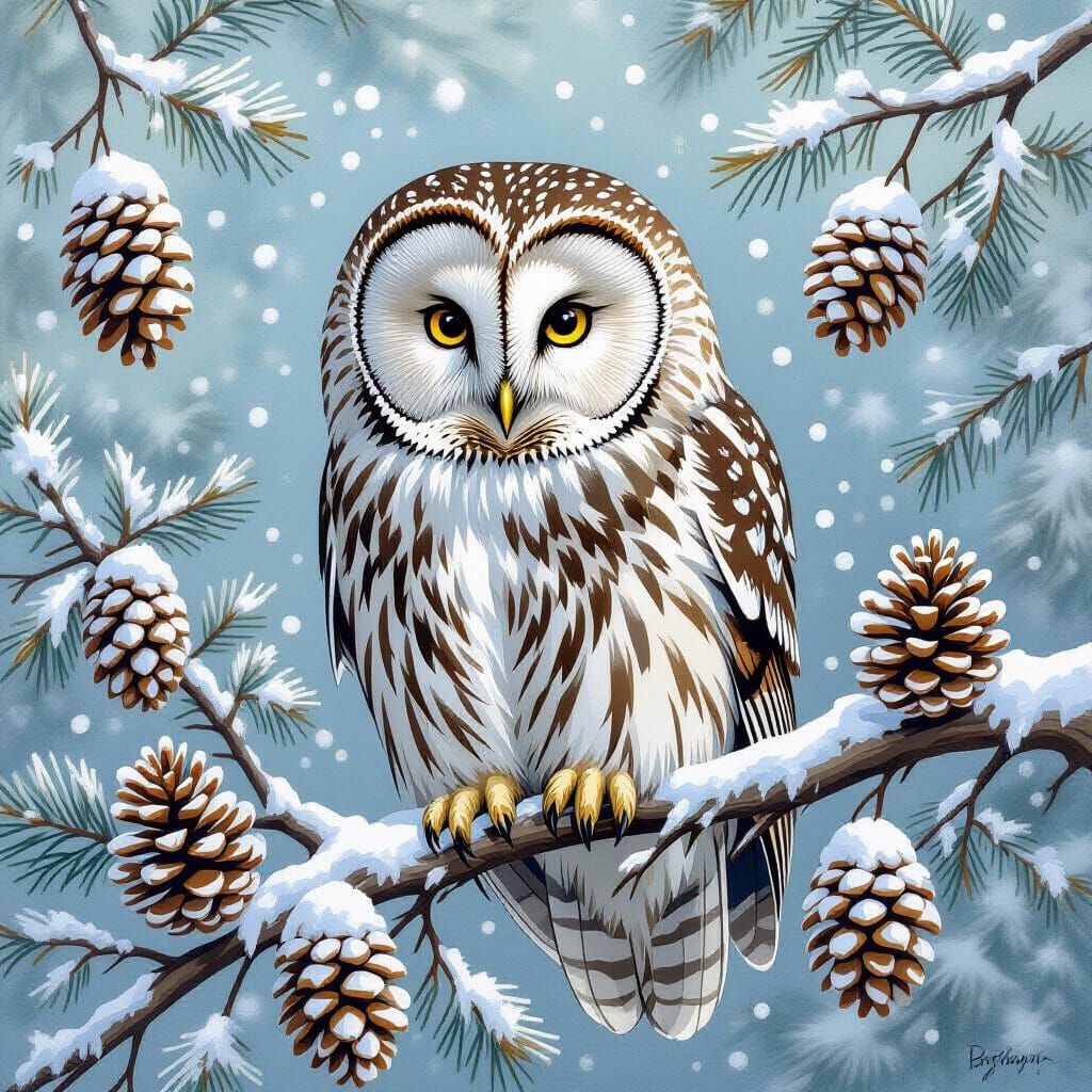 Ural Owl in Winter, Audubon-Inspired Illustration