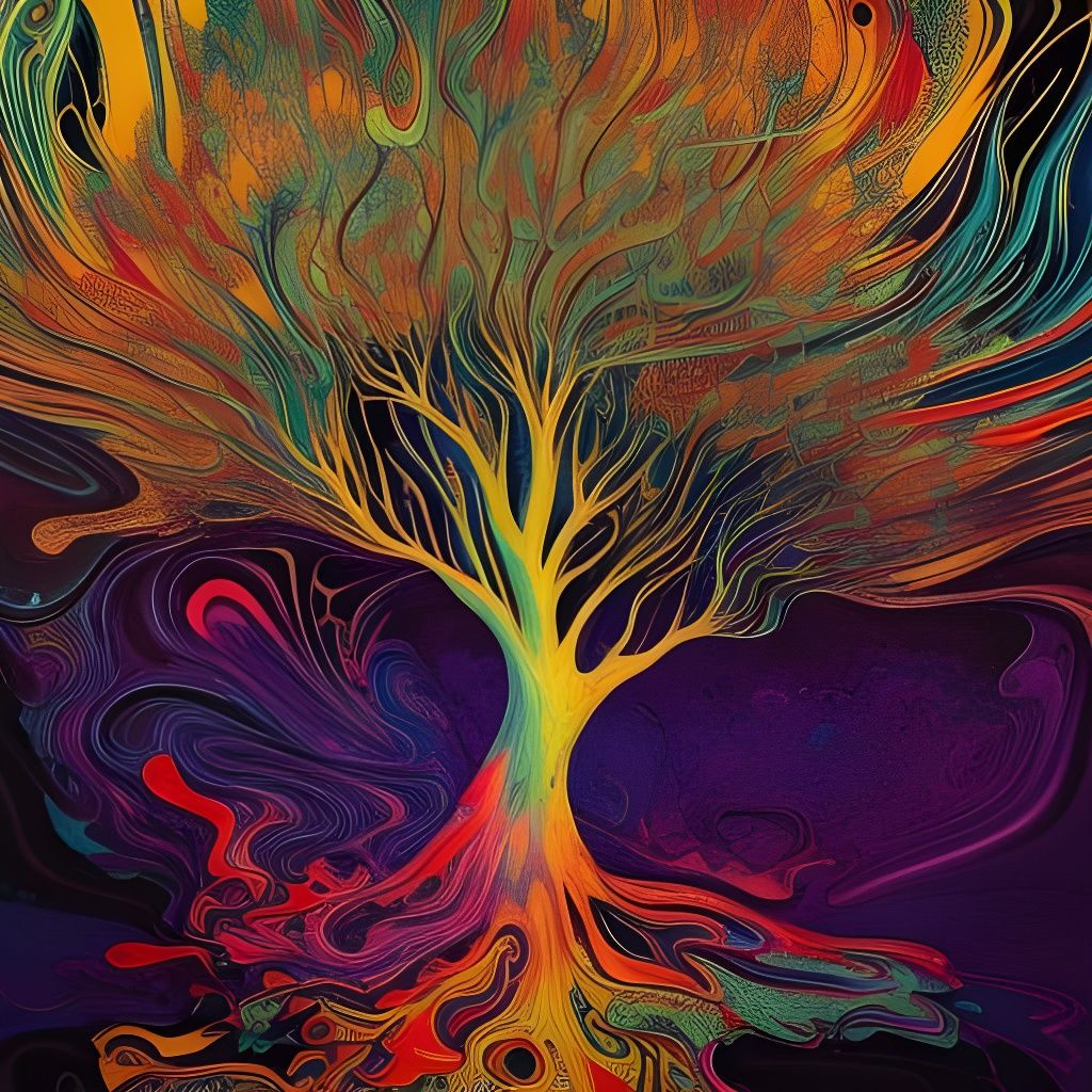 Prismatic Tree of Souls: Hyperdetailed Gouache Illustration