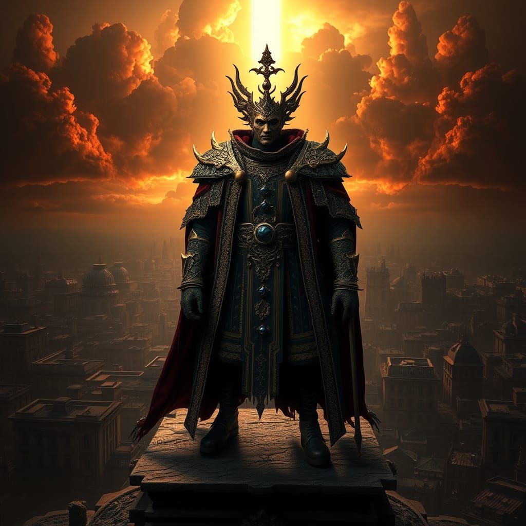 Tyrant Overlooking War-Torn City in 3D Art Style