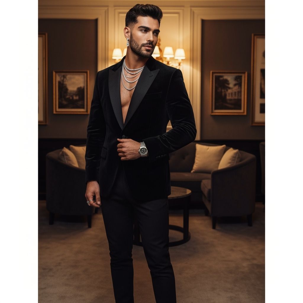 Elegant Man in Velvet Tuxedo, Fashion Photography Style