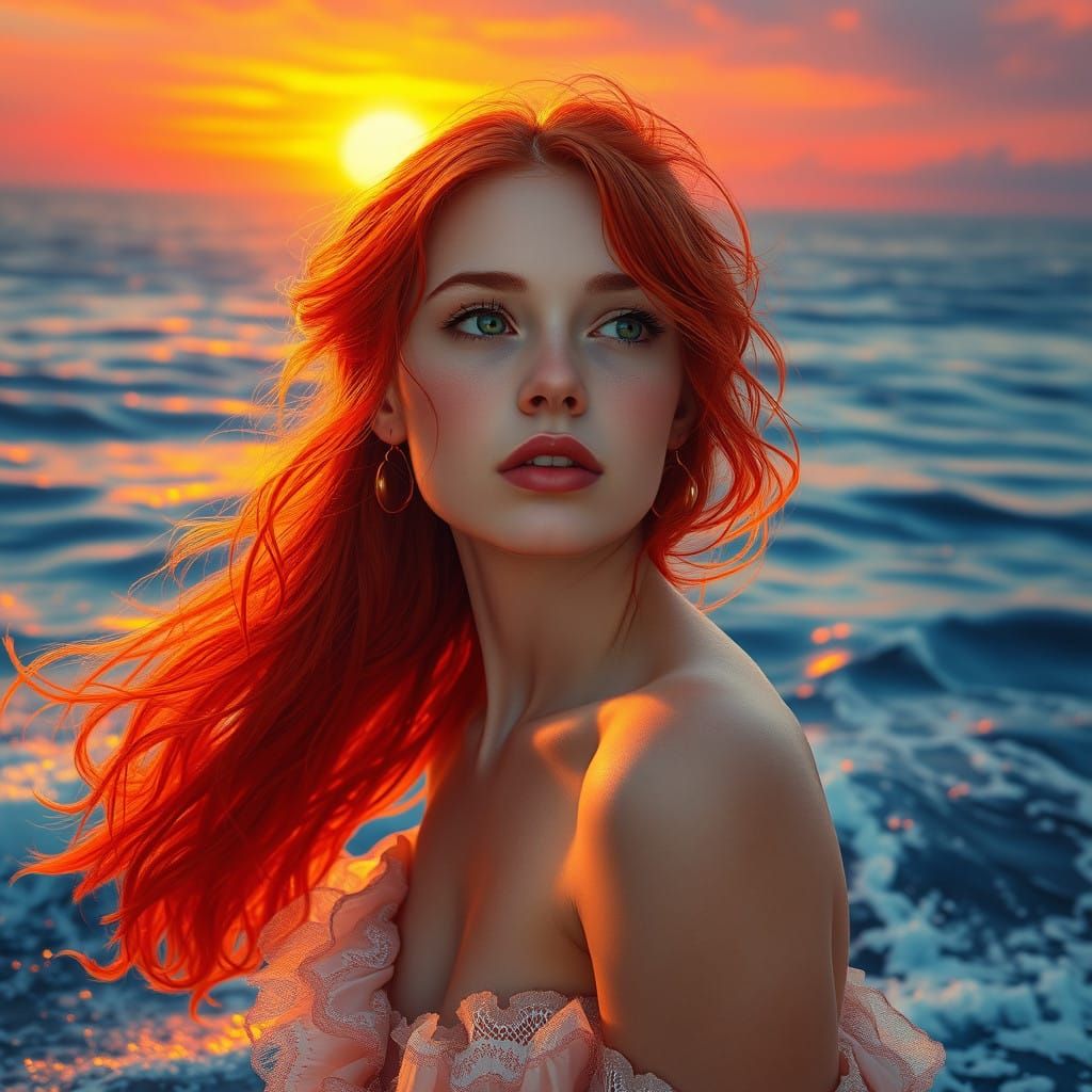 Surreal Sunset Goddess on Ocean's Edge in Dreamlike Art Styl...