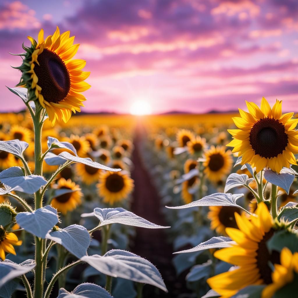 A field of sunflowers with one of the  sunflowers has diamonds around the edges of the sunflower and the background sky ...