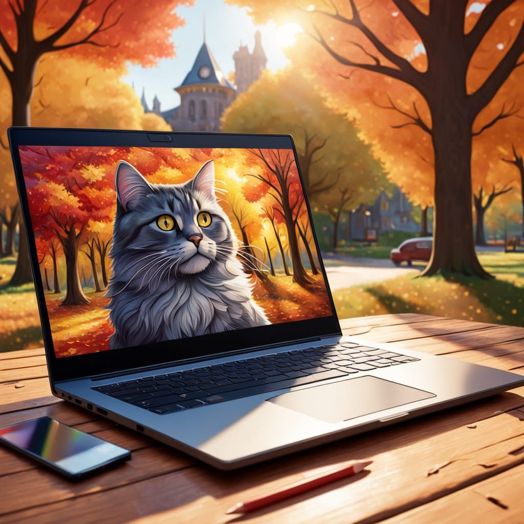 Autumn Park Laptop Scene with Vibrant Leaves and Cat