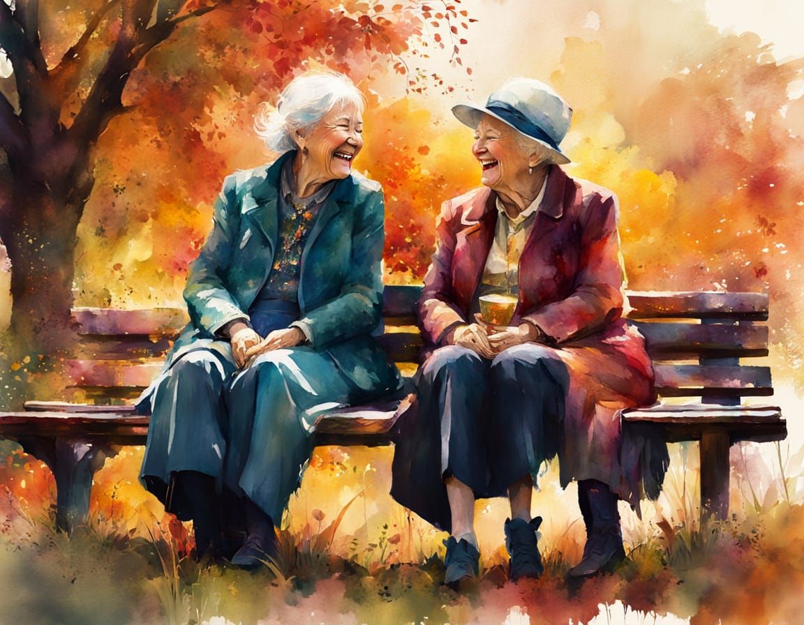 Laughing Old Women in Vibrant Watercolor Illustration