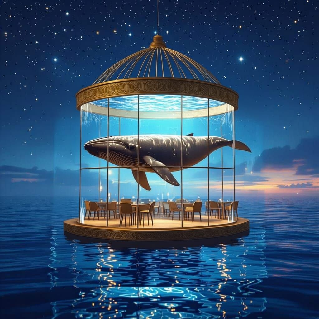 Whale Flying in Water Cafe Above Night Ocean