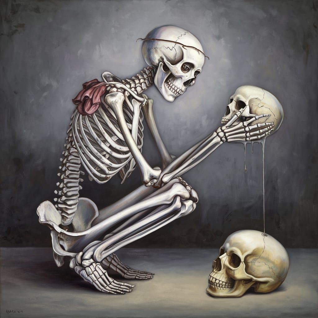 Surreal Skeleton Contemplates a Skull as Oil Painting
