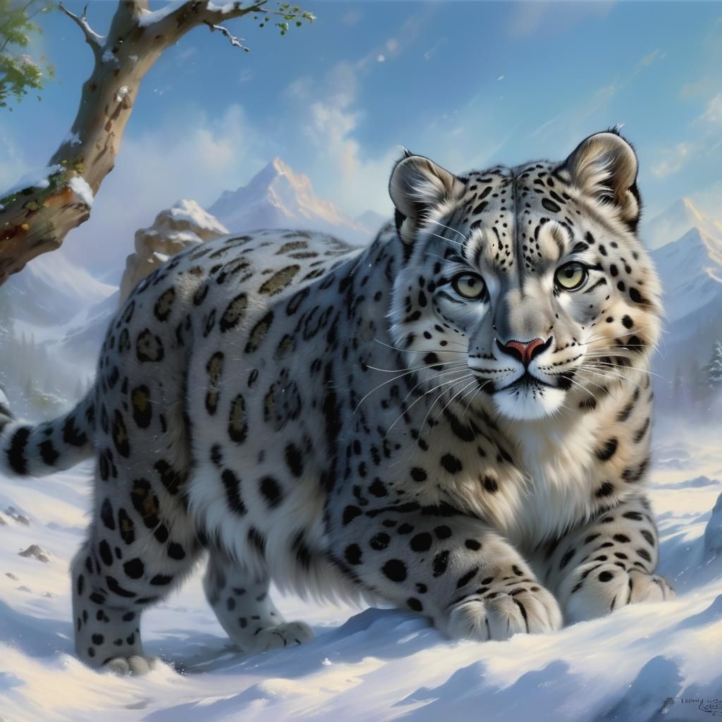 Majestic Snow Leopard in Ethereal Fantasy Landscape