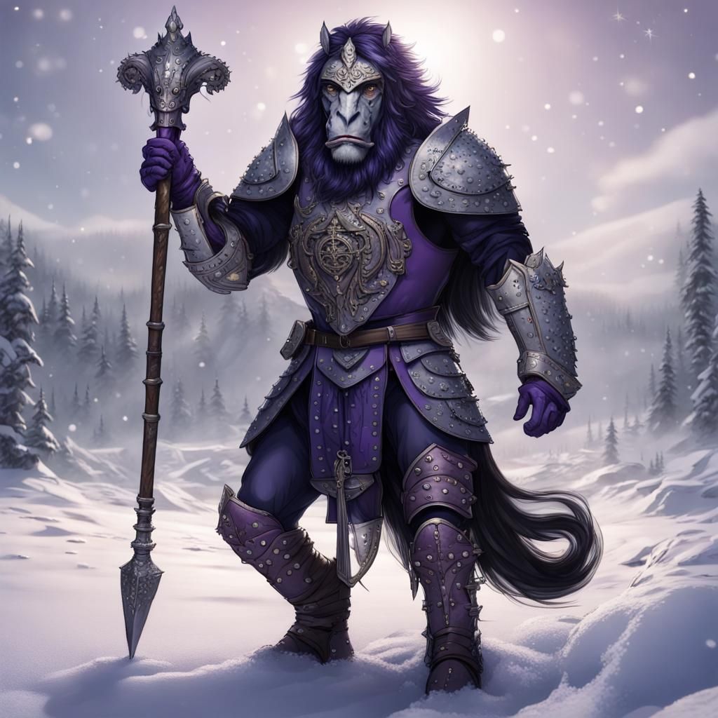 Hybrid Horse Warrior Stands Guard in the Snow