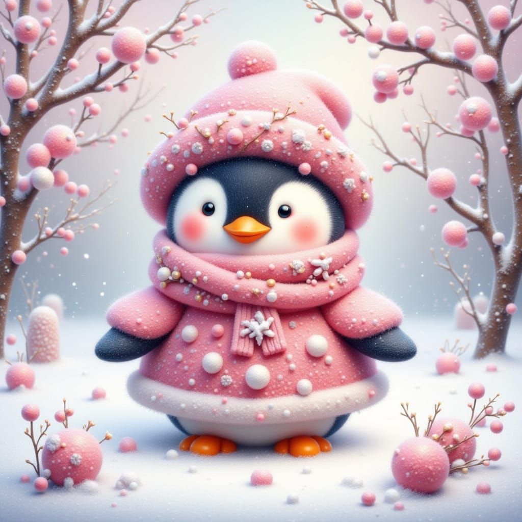 Adorable Penguin in Pink Winter Outfit as Oil and Watercolor...