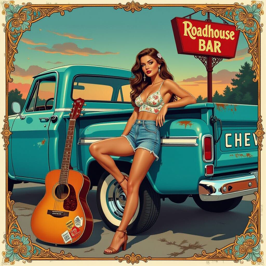 Art Nouveau Woman Leans on Rusty 1960s Chevy Truck