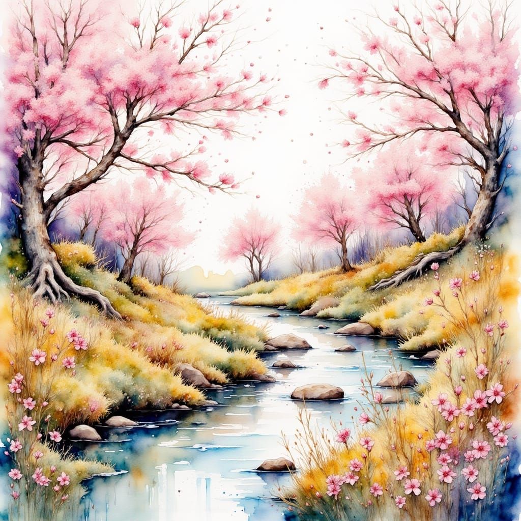 Watercolor Spring Landscape with Cherry Blossoms