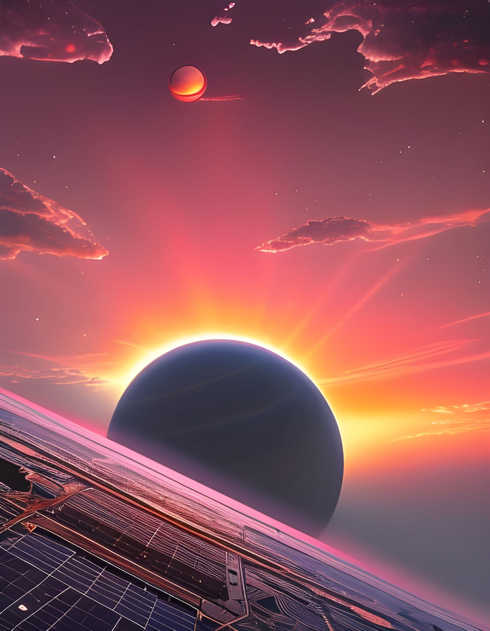 Sunrise Over Dark Planet in Cassette Futurism Style