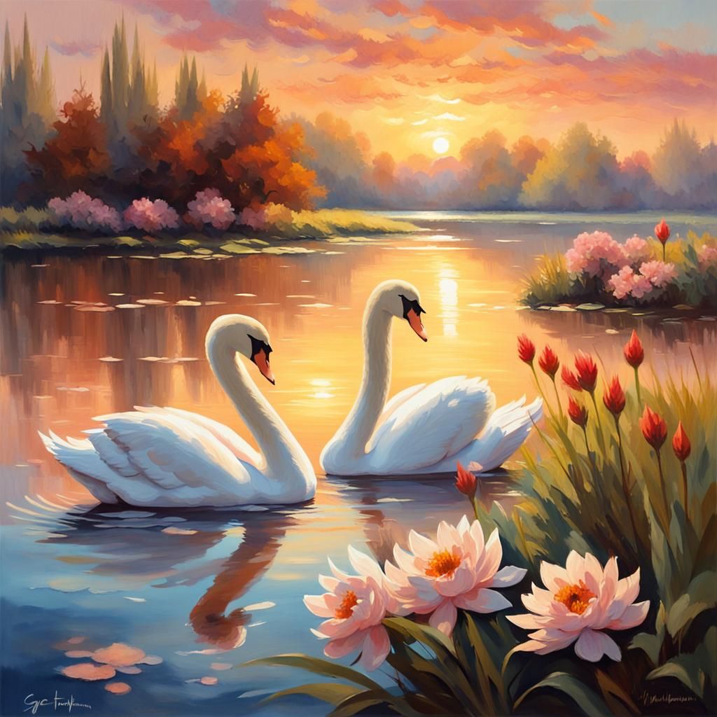 Two Swans Swimming in Lake at Sunset