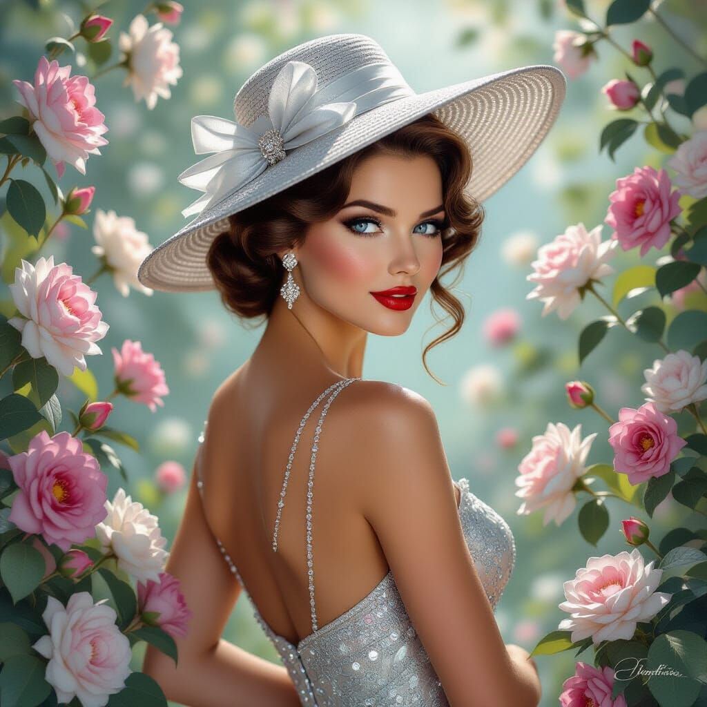 Luxurious Woman in Knitted 3D Art Amidst Flowers