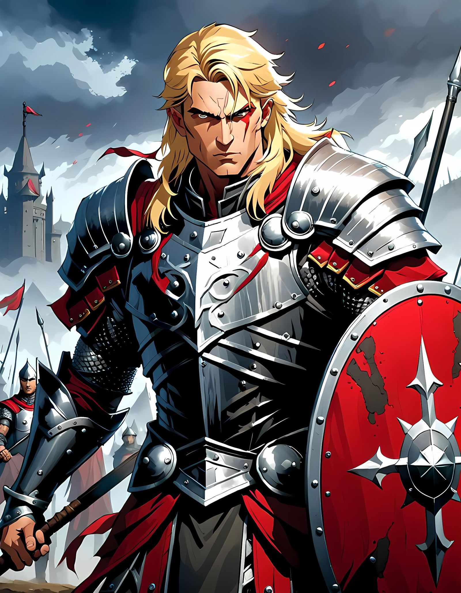 Medieval Warrior Portrait on Battlefield in Comic Book Art S...