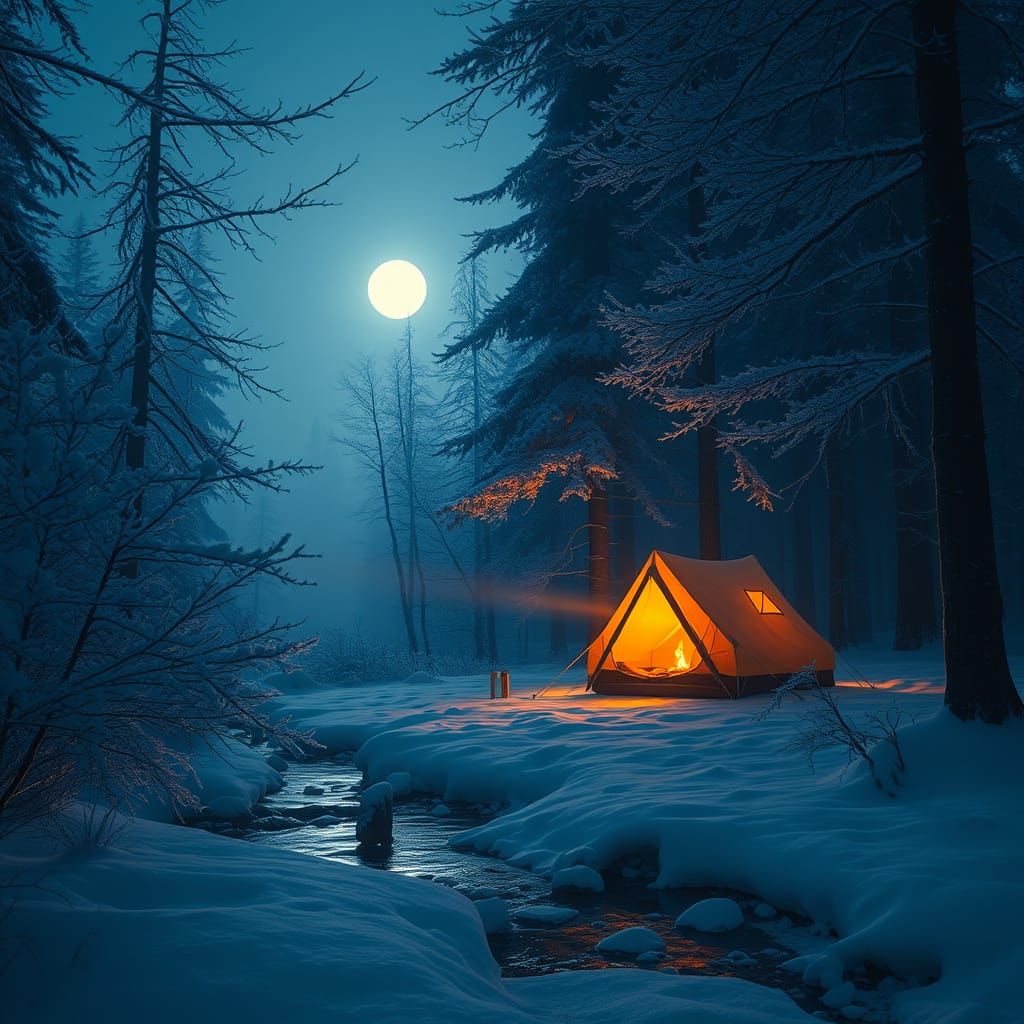 Winter Camping Scene in a Snowy Forest at Twilight