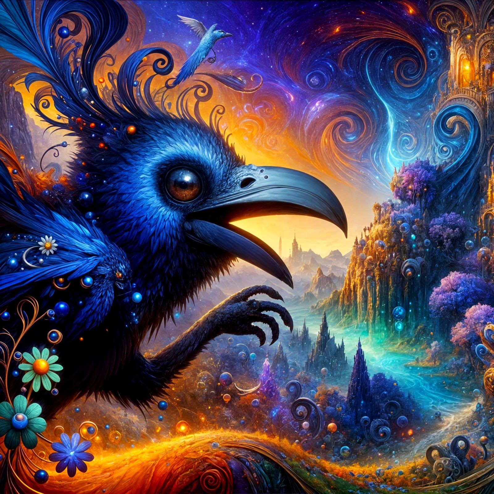 Vibrant Crow Spirit in Whimsical Fantasy Landscape