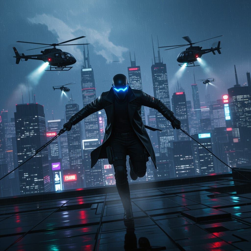 Cyberpunk Spy Rooftop Chase with Neon City Lights