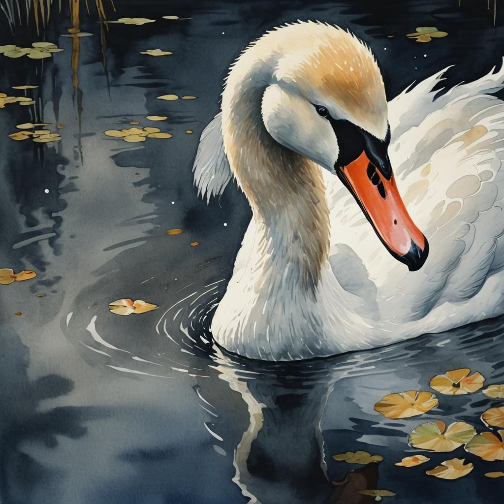Swan Reflection: Watercolor Impressionist Style Image