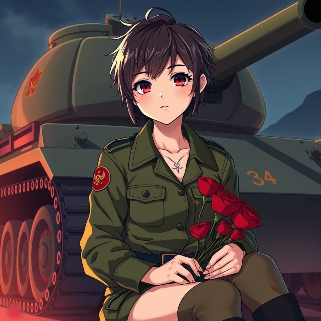 Cute Young Woman in Soviet Field Uniform with T-34 Tank