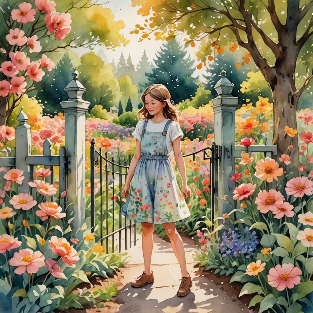 Whimsical Ink Garden Scene with Girl