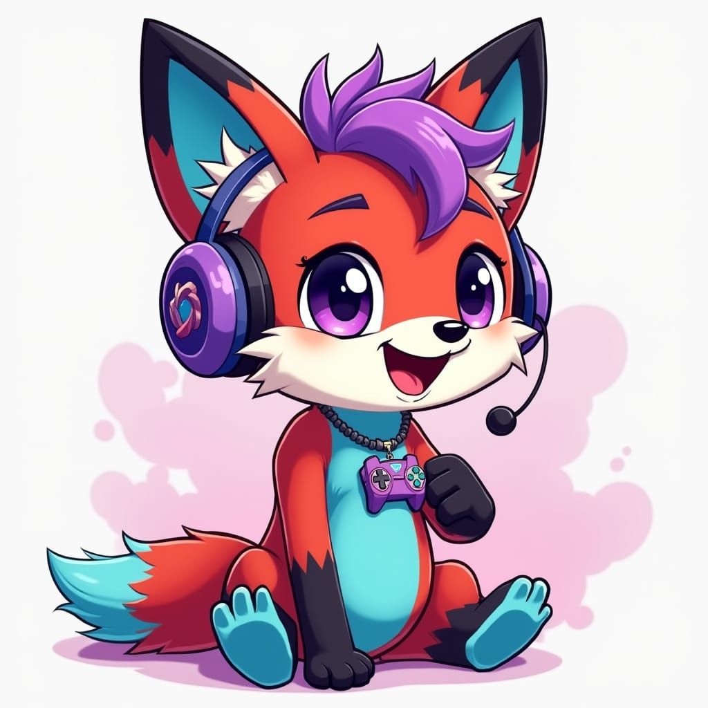Anthropomorphic Fox Gamer with Vibrant, Playful Style