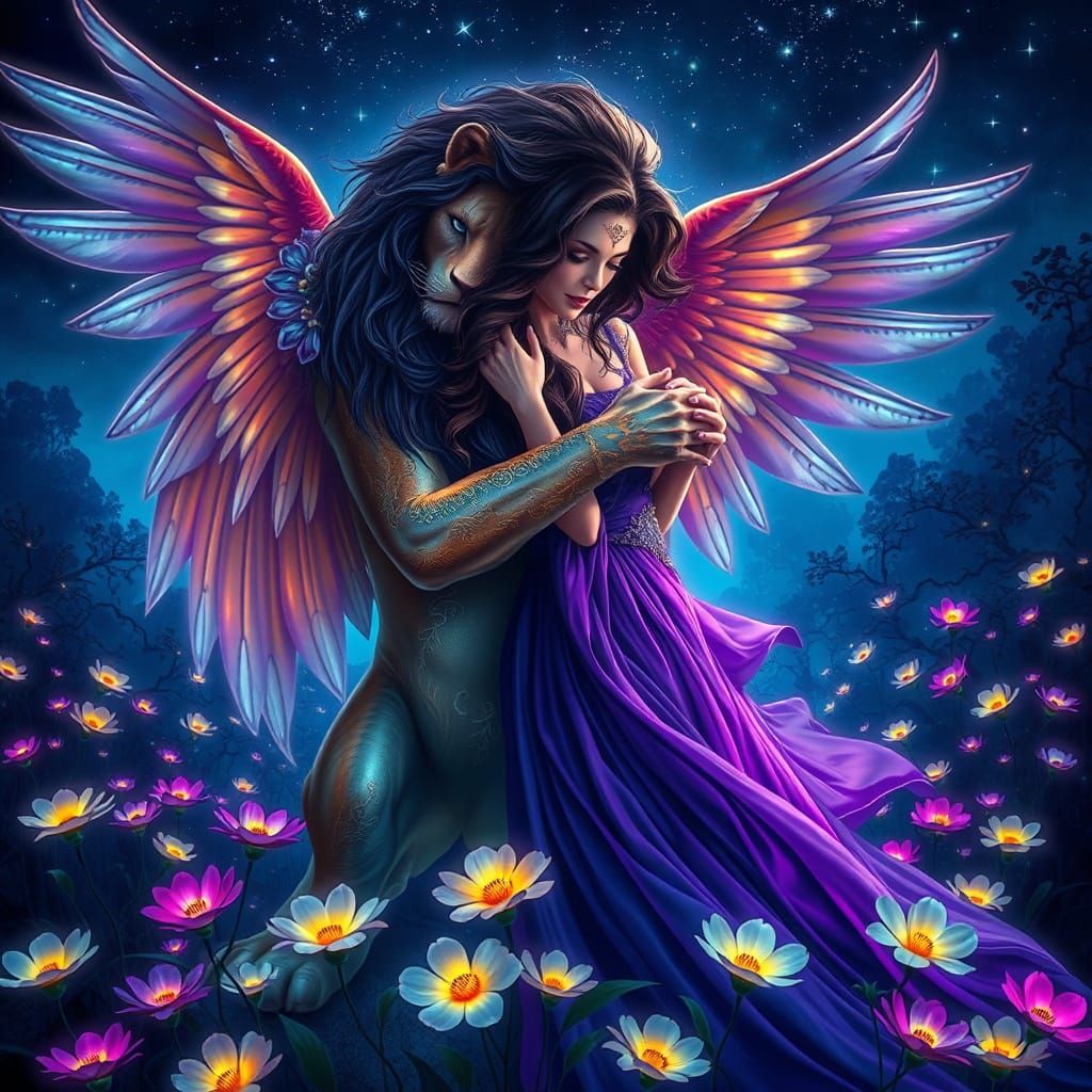 Winged Lion Embraces Woman in Enchanted Forest
