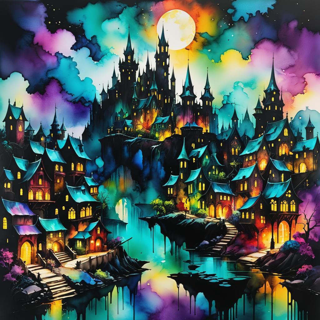 Fantasy city alcohol ink
