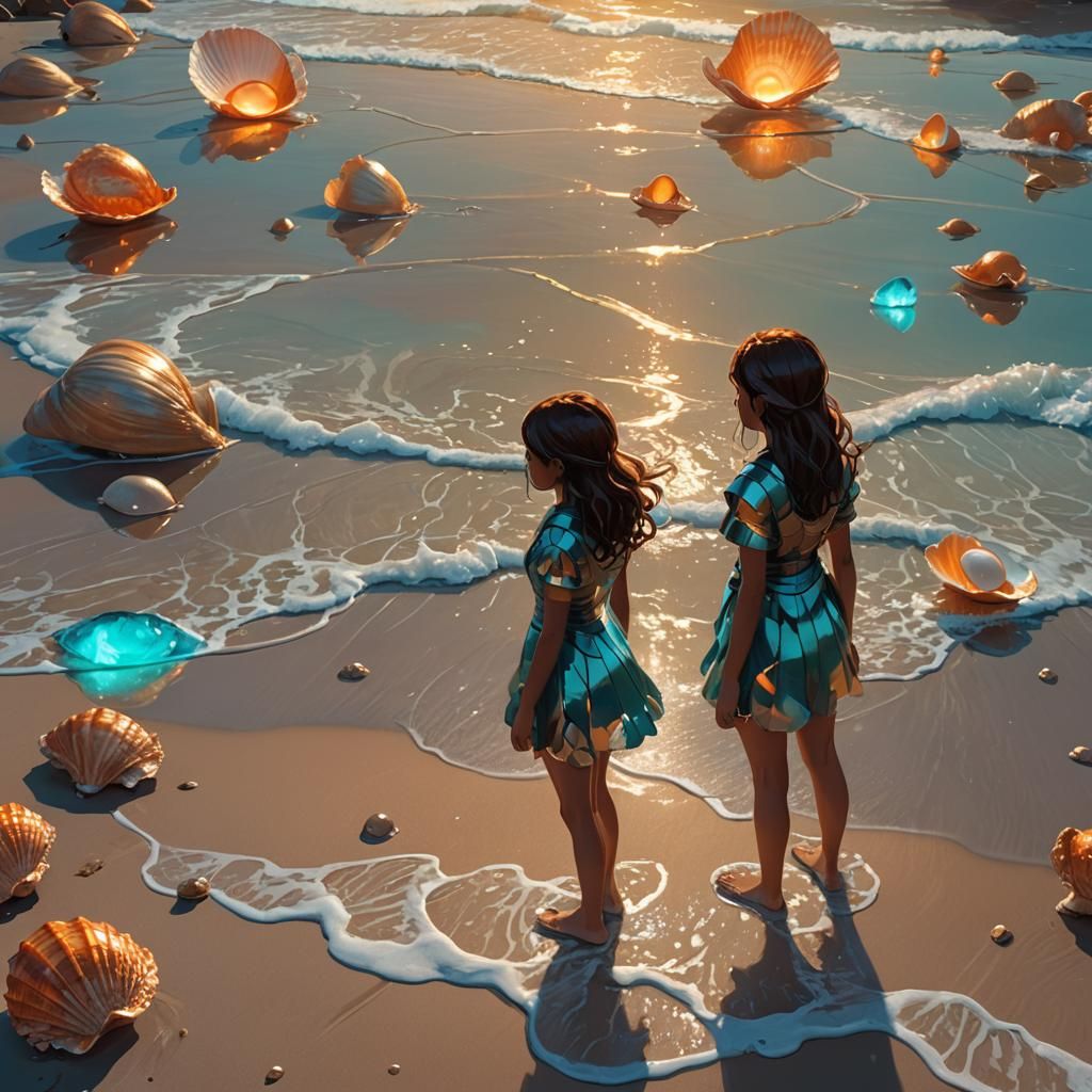 Fantasy Beach Scene with Glowing Seashells