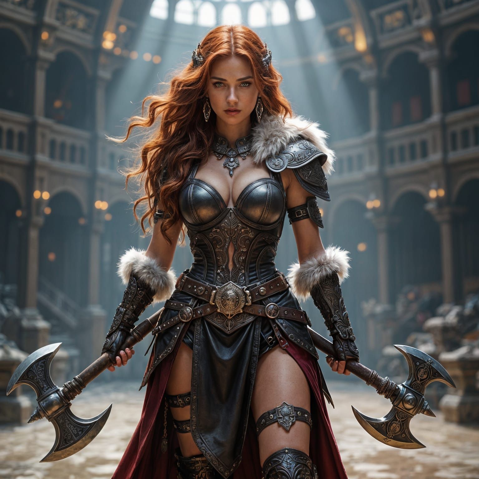 Female Warrior with War Axe in Detailed Arena
