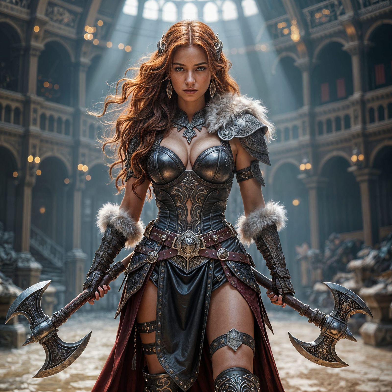 Female Warrior in Detailed Armor with War Axe