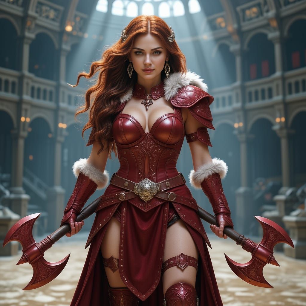 Female Warrior in Detailed Armor Holding War Axe