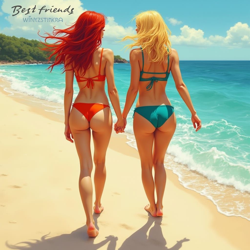 Women Walking on Beach in Art Nouveau Style