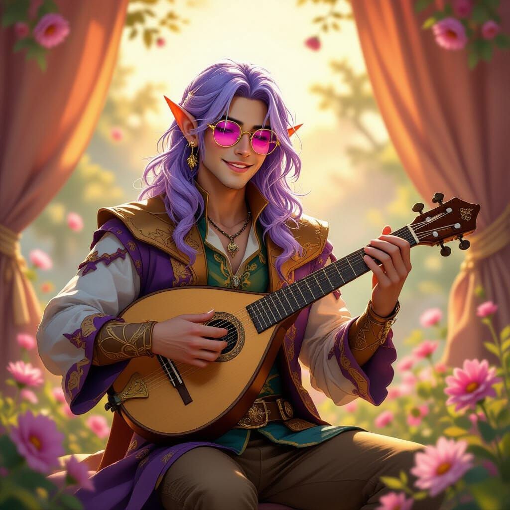 Elven Bard With Lavender Hair and Pink Glasses