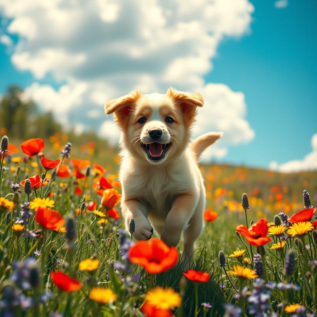Joyful Puppy in a Vibrant Lush Meadow