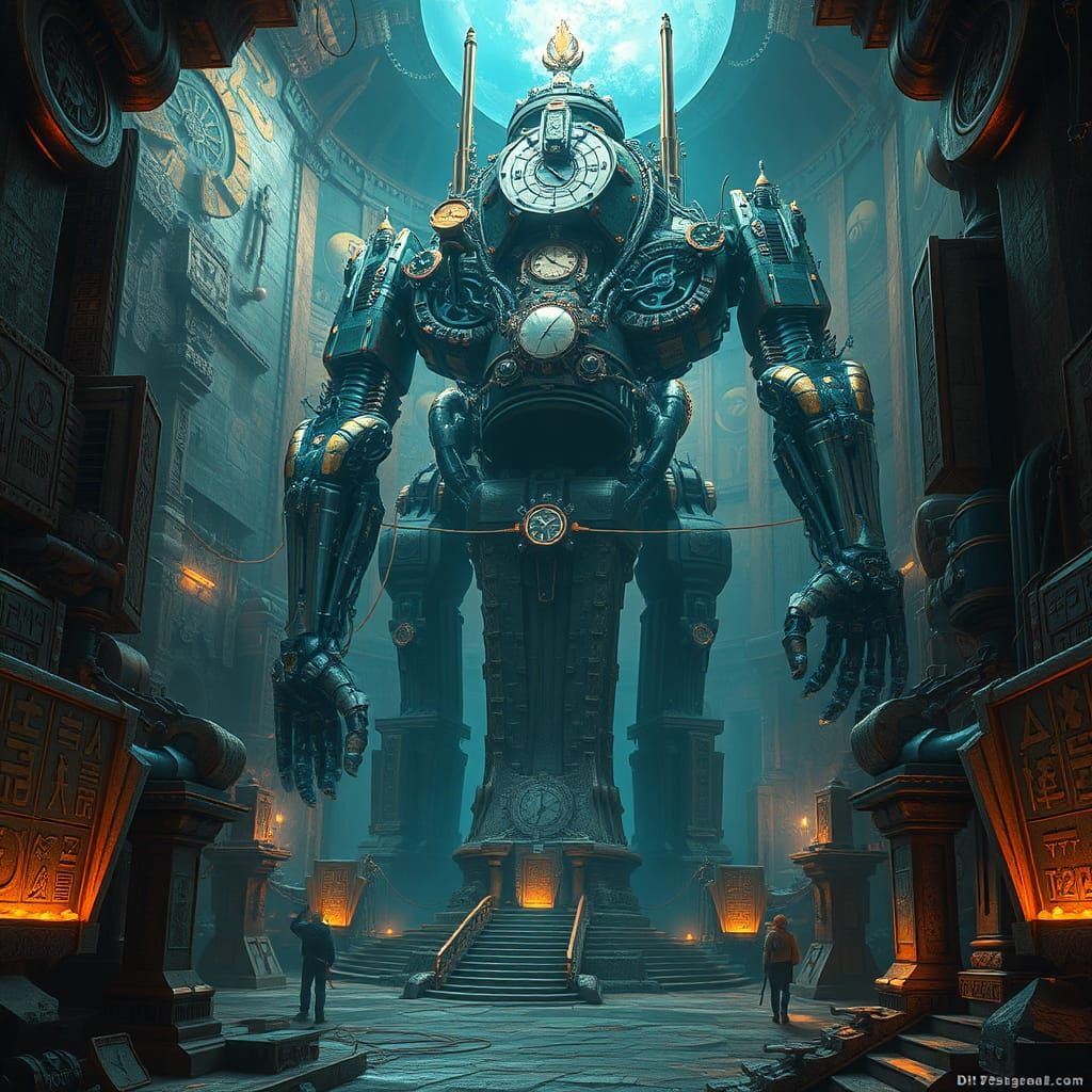 Steampunk Cybernetic Machine Rising from Ancient Temple