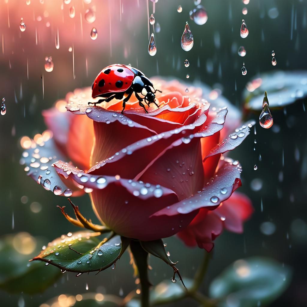 Glowing Ladybug in Rainy Rose Garden Scene