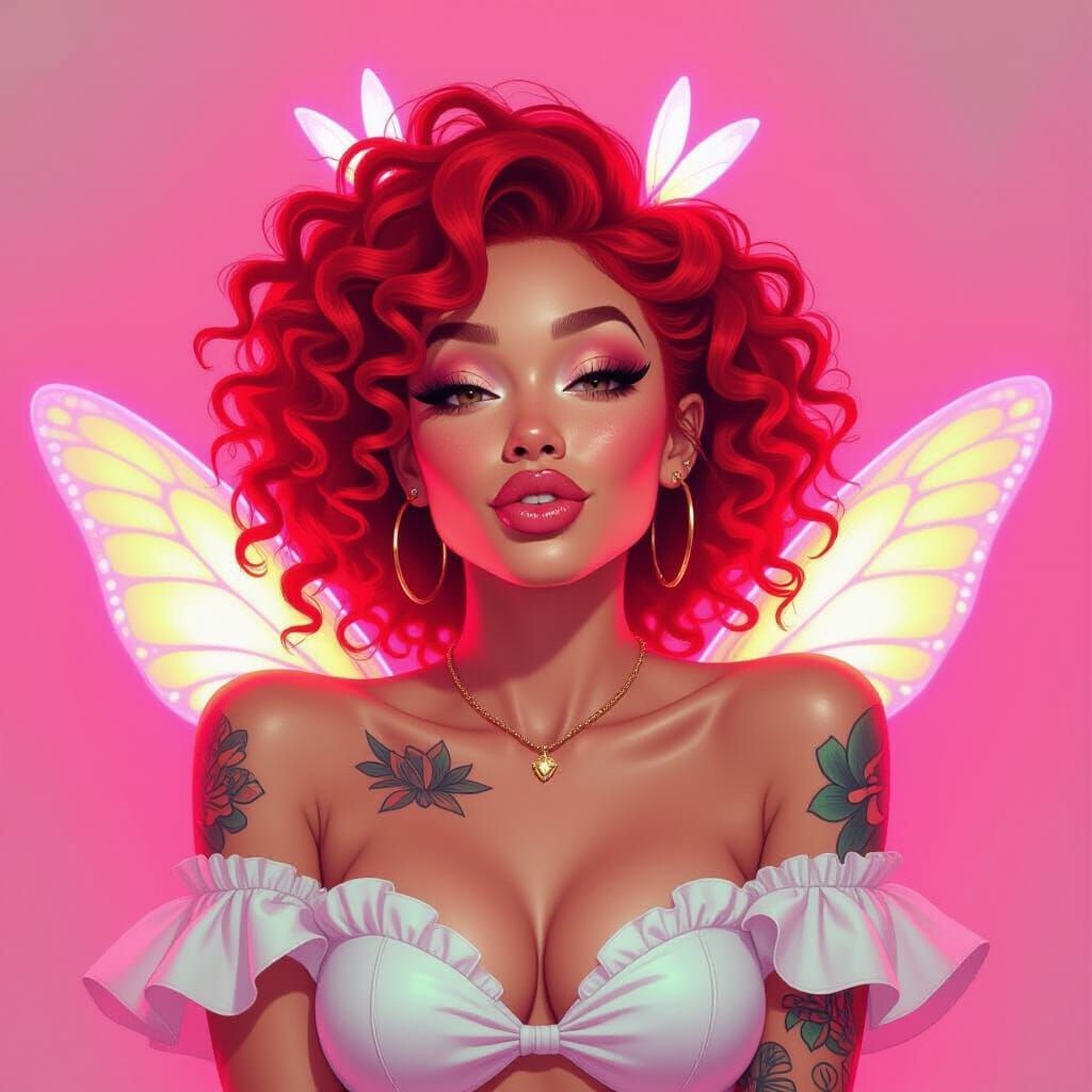 Sassy Fairy Lady with Neon Outfit: Oil Painting