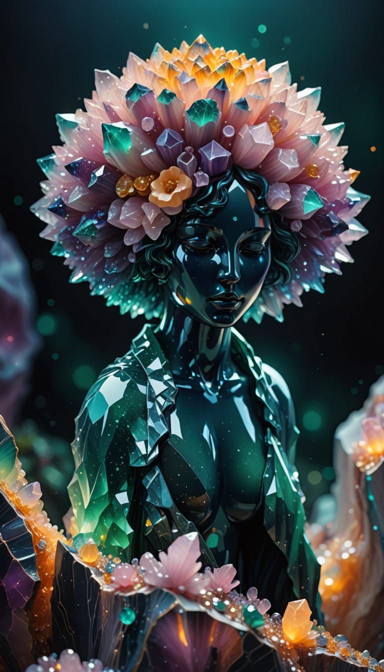 Vibrant Gemstone Statue in a Dreamlike Fauvist Landscape