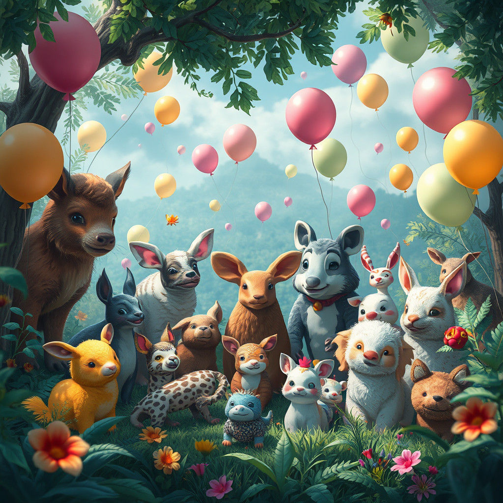 Whimsical Animal Party in Dreamlike Matte Painting