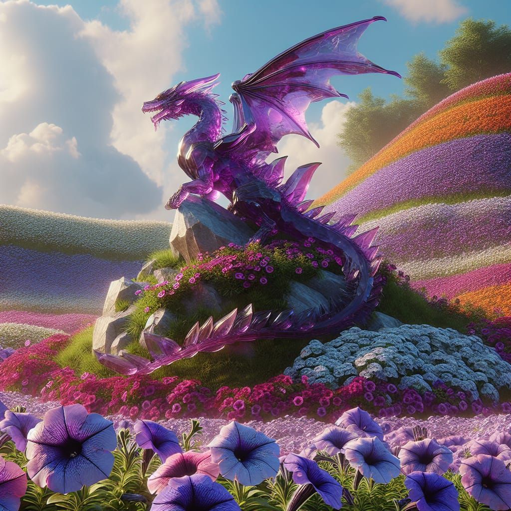 Amethyst Dragon Statue in Petunia Field